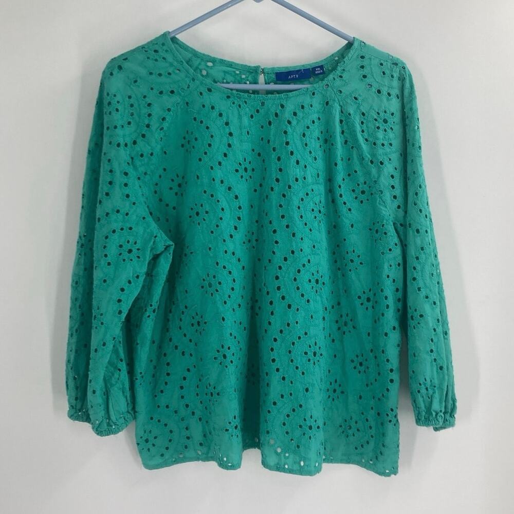 Apt. 9 Aqua Embroidered Eyelet Puff Sleeve Cotton Top Boho Coastal Women’s 2XL